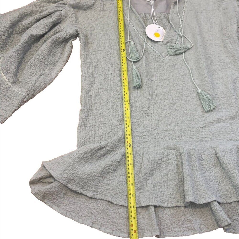 STORIA Womens S Greyish Mint Ruffle Top Blouse Peasant Cottage Core Tassle NWT - Picture 6 of 6